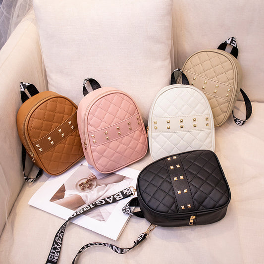 Women Solid Color Quilted Pu Rivet School Bag Fashion Backpack