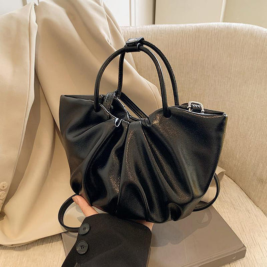Sac à main plissé en cuir ciré à l'huile de couleur unie rétro pour femme 