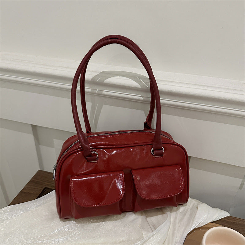 Sac à bandoulière décontracté rétro à double poche pour femme, couleur unie 