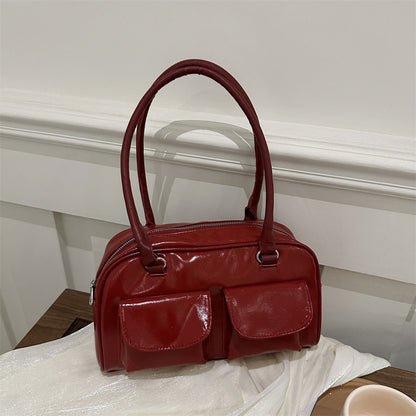 Sac à bandoulière décontracté rétro à double poche pour femme, couleur unie 