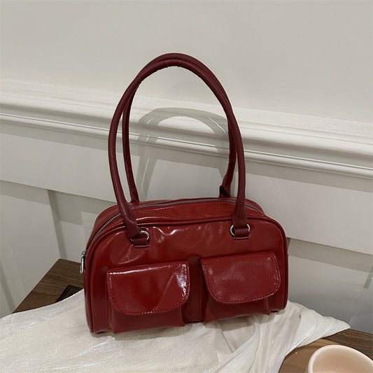 Sac à bandoulière décontracté rétro à double poche pour femme, couleur unie 