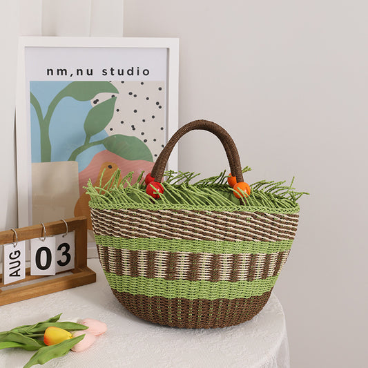 Joli sac à main en paille tressée avec perles en bois multicolores 