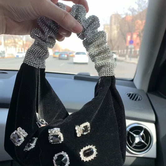 Sac à bandoulière plissé en daim couleur unie avec strass et fermeture éclair pour femme 