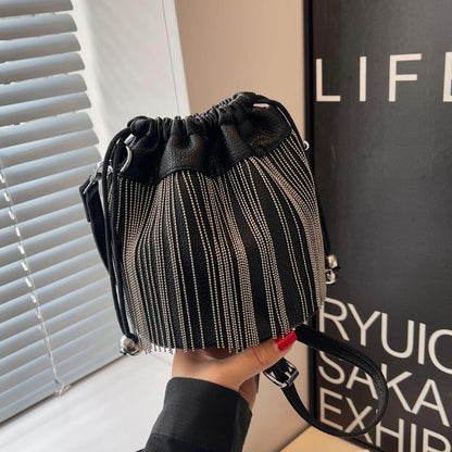 Women Fashion Casual Solid Color Tassels Bucket Shoulder Bag