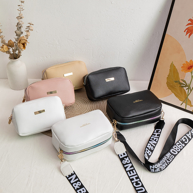 Women Fashionable Simple Solid Color Square Letter Wide Shoulder Strap Crossbody Bag