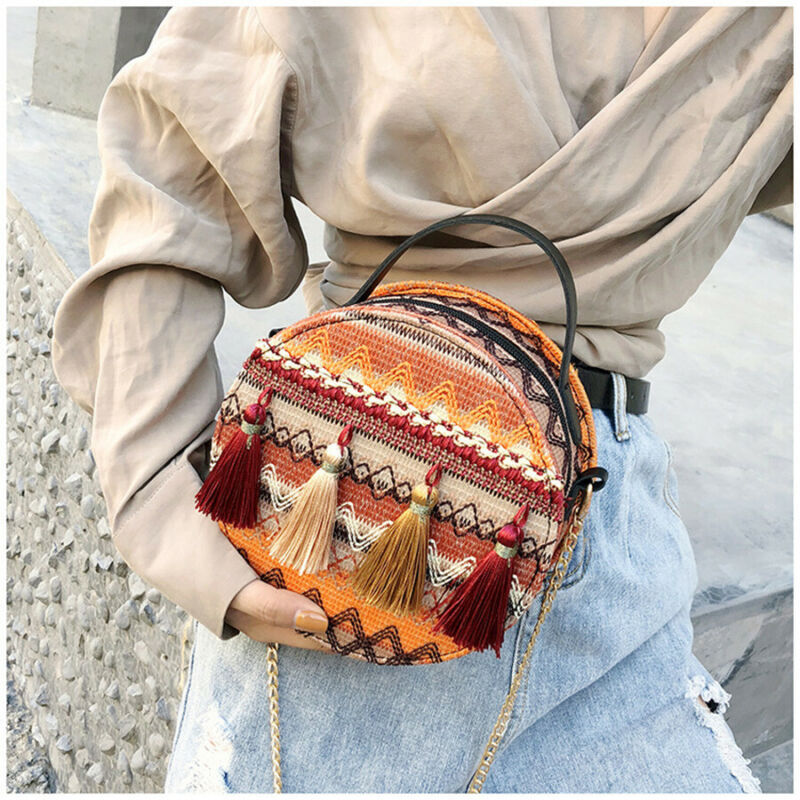 Women Boho Tassel Decorative Woven Design Color Blocking Crossbody Bag