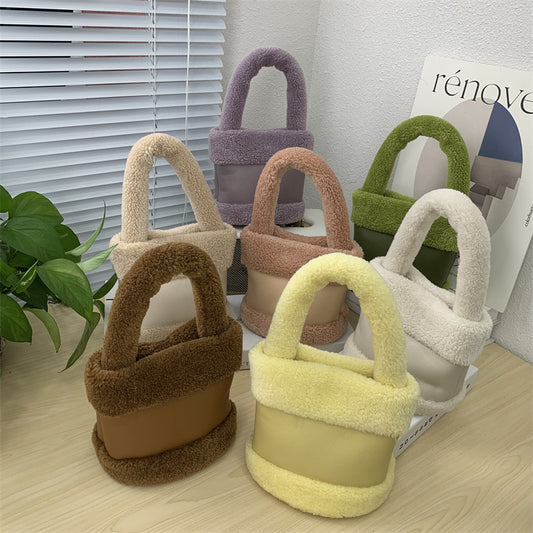 Women Fashion Bucket Vintage Plush Solid Color Tote Bag