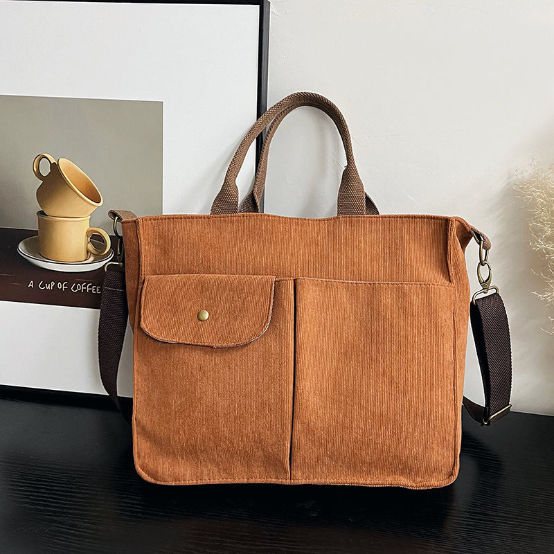Women Casual Simple Solid Color Large Capacity Corduroy Handbag