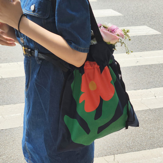 Women Fashion Valentine'S Day Creative Rose Drawstring Advanced Navy Blue Canvas Tote Bag