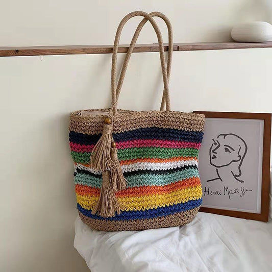 Women Fashion Boho Rainbow Colorful Vacation Woven Shoulder Bag