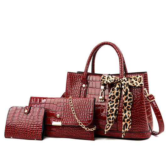 3 In 1 Women Fashion Crocodile Solid PU Tote Bag Three-Piece Set