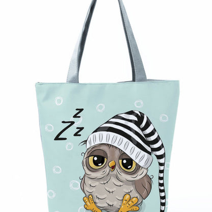 Simple White Creative Cartoon Owl Print Shopping Bag