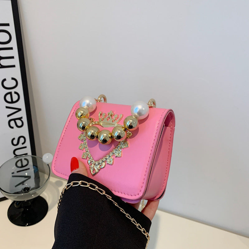 Women Fashion Elegant Heart Pearl Handbag Crossbody Small Square Bag