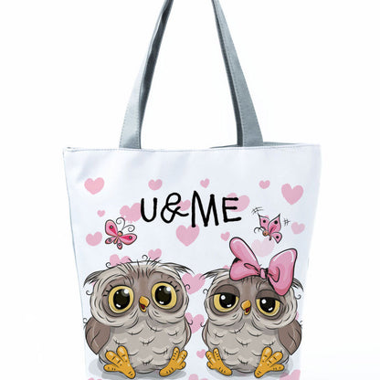 Simple White Creative Cartoon Owl Print Shopping Bag