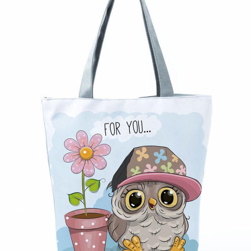 Simple White Creative Cartoon Owl Print Shopping Bag