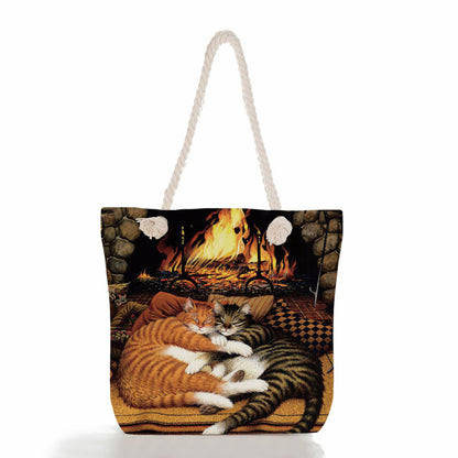 Women'S Cute Cat Print Thick Rope Travel Shopping Bag
