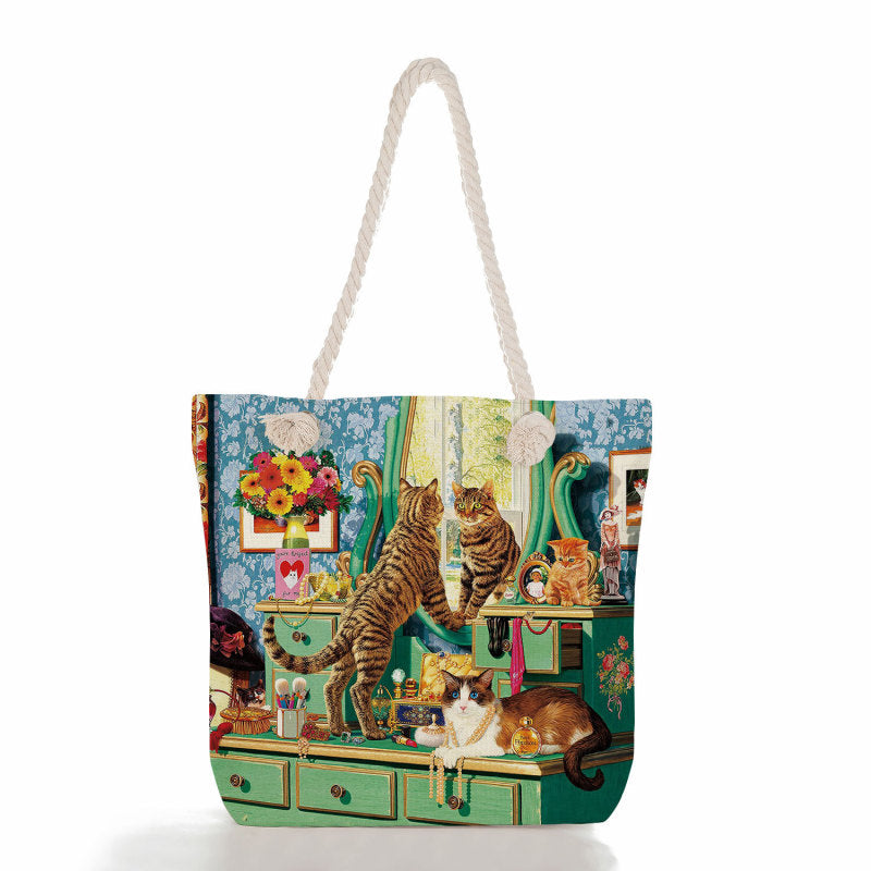 Women'S Cute Cat Print Thick Rope Travel Shopping Bag