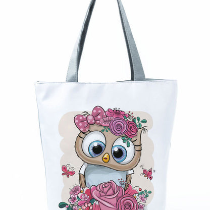 Simple White Creative Cartoon Owl Print Shopping Bag