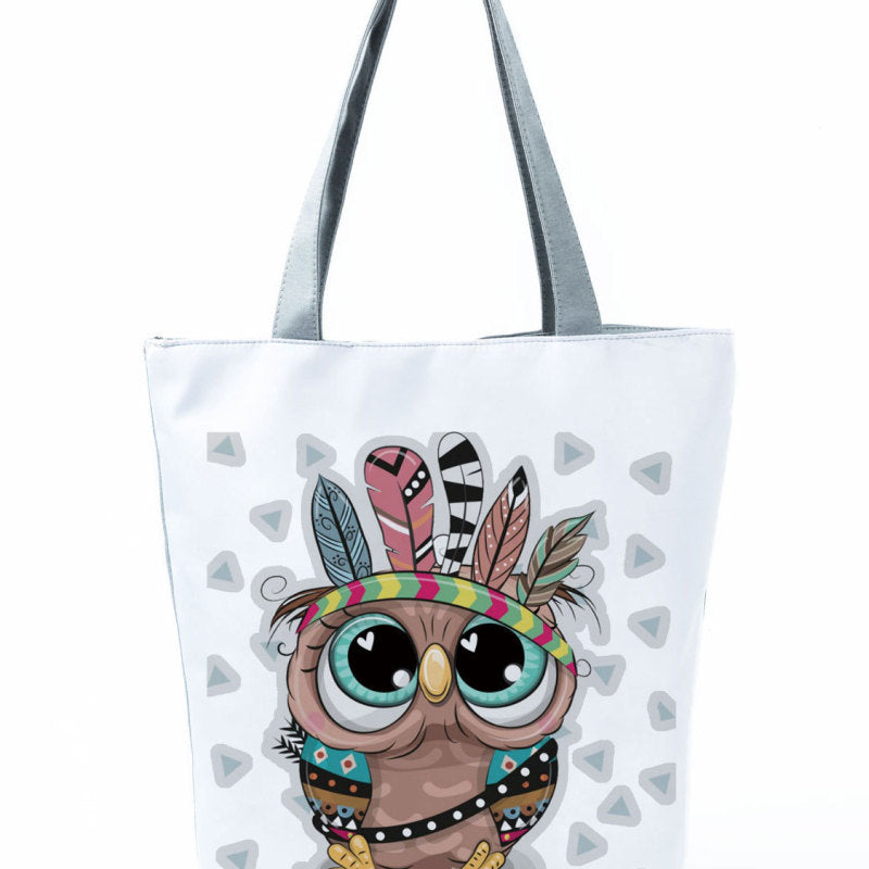 Simple White Creative Cartoon Owl Print Shopping Bag
