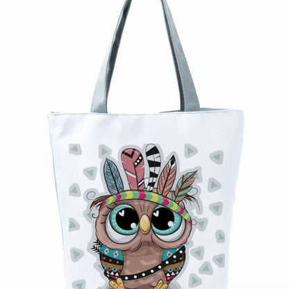 Simple White Creative Cartoon Owl Print Shopping Bag