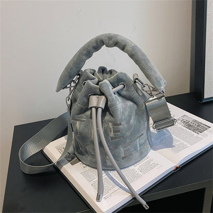 Sac à main seau brodé en peluche avec cordon de serrage pour femme, mode automne-hiver 