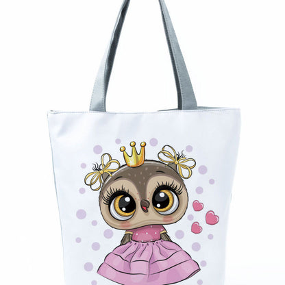 Simple White Creative Cartoon Owl Print Shopping Bag