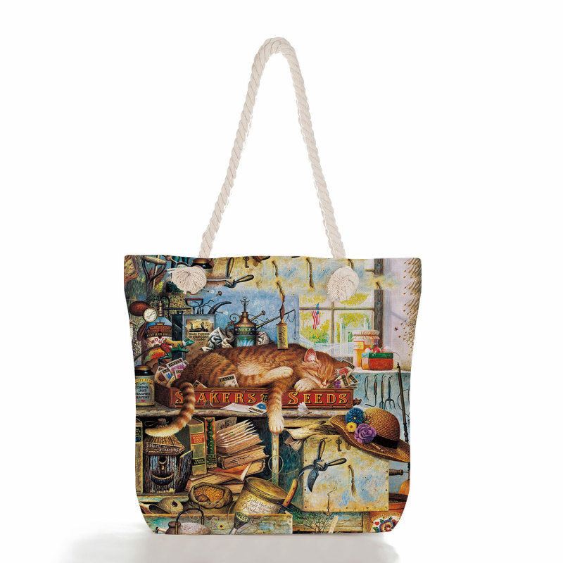 Women'S Cute Cat Print Thick Rope Travel Shopping Bag