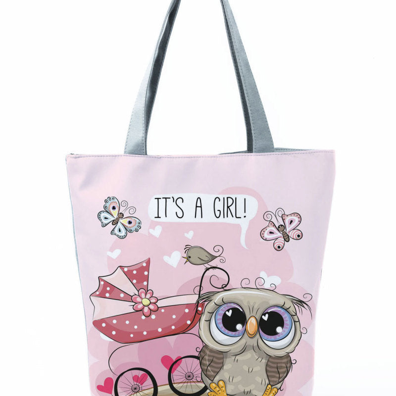 Simple White Creative Cartoon Owl Print Shopping Bag