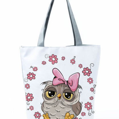 Simple White Creative Cartoon Owl Print Shopping Bag
