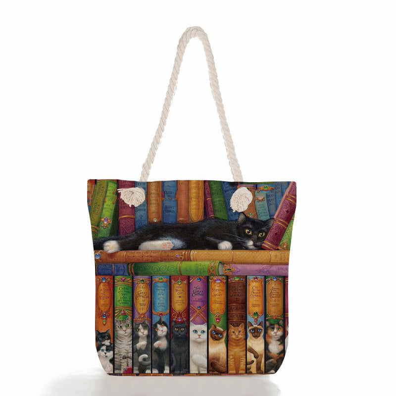 Women'S Cute Cat Print Thick Rope Travel Shopping Bag