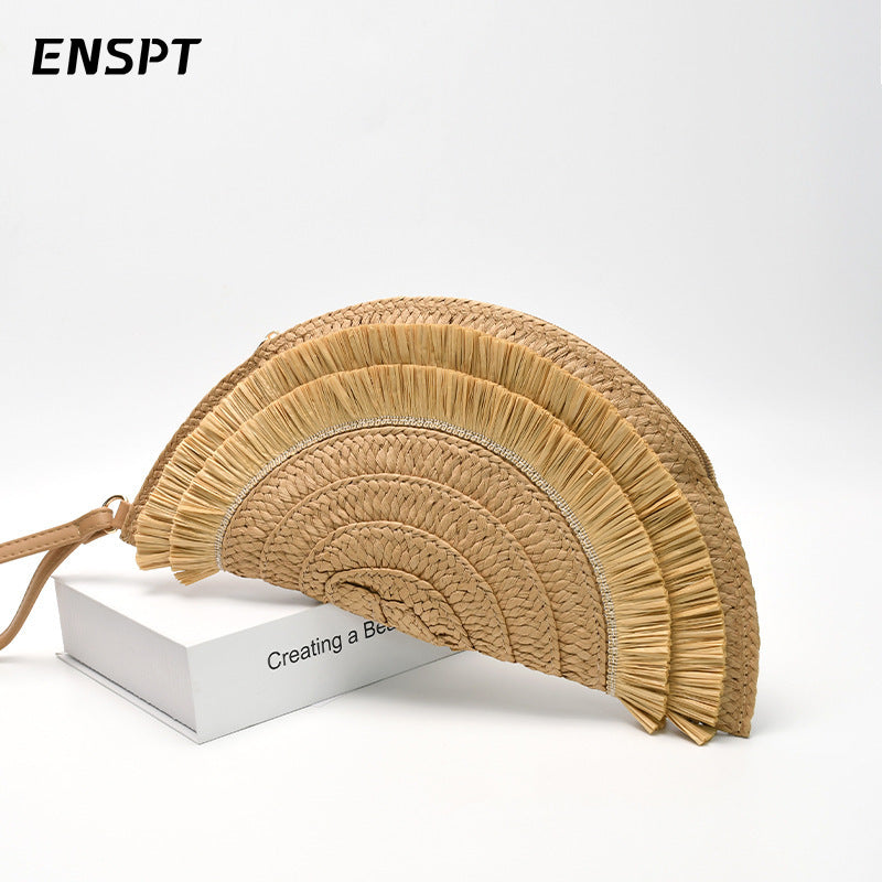 Sac à pompons ethnique tissé tendance pour femme 