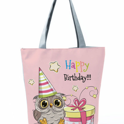 Simple White Creative Cartoon Owl Print Shopping Bag