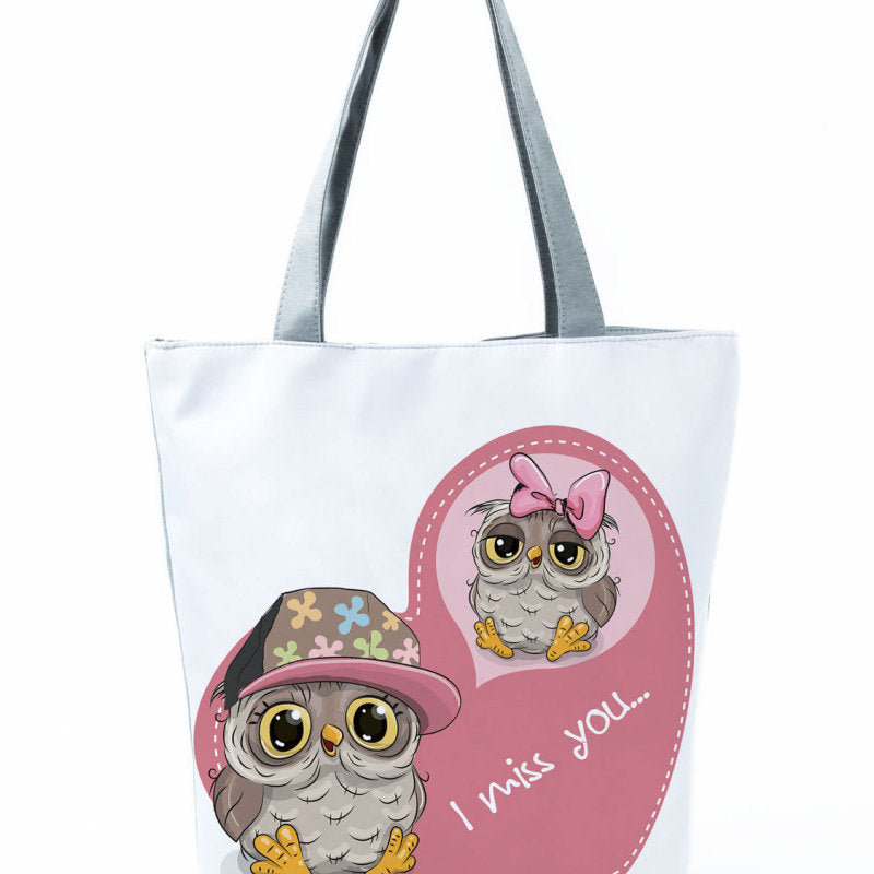 Simple White Creative Cartoon Owl Print Shopping Bag
