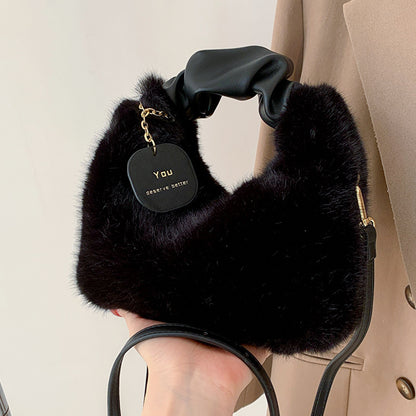 Sac à bandoulière tendance pour femme, couleur unie, avec poignée en peluche, collection automne et hiver 