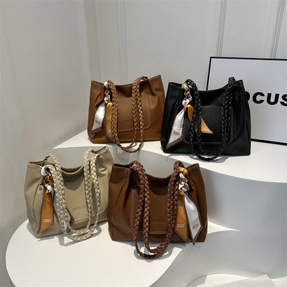 Women Fashionable Solid Color Silk Scarf Decorative Large Capacity PU Tote Bag