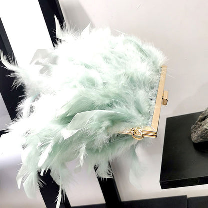 Women Fashion Trend Feather Decoration Metal Buckle Design Square Clutch Bag
