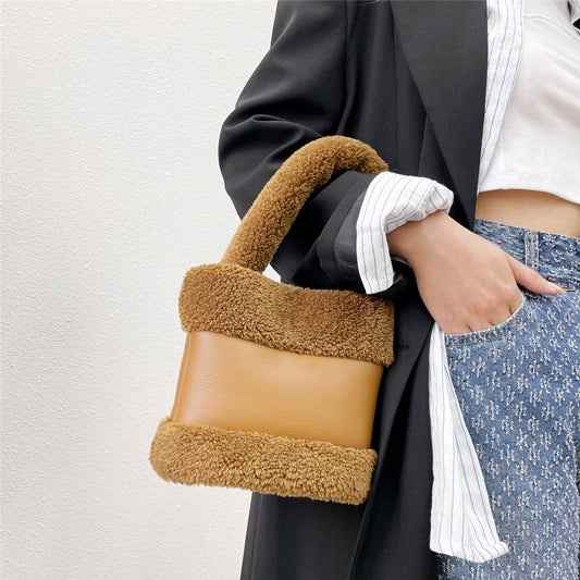 Women Fashion Bucket Vintage Plush Solid Color Tote Bag