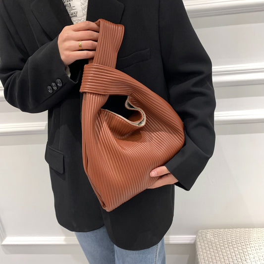 Women Creative Crease Design Solid Color Large Capacity PU Handle Bag