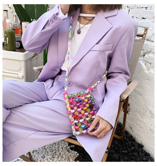 Sac à main en forme de cœur tressé à la main et perles pour femme 