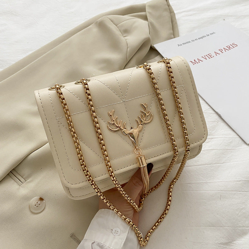 Women Fashion Deer Decorative Flap Buckle Design Solid Color PU Crossbody Bag