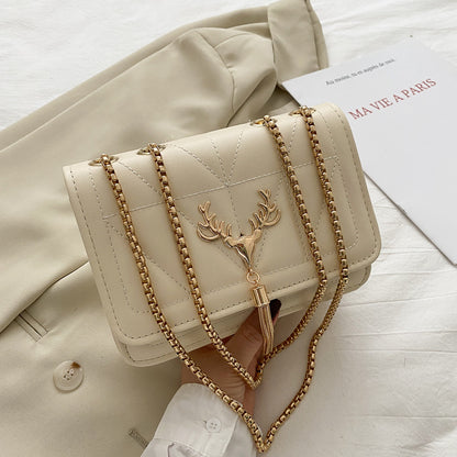 Women Fashion Deer Decorative Flap Buckle Design Solid Color PU Crossbody Bag