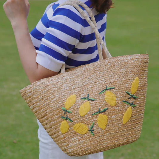Summer Women Fashion Vacation Beach Straw Woven Lemon Print Drawstring Handle Shoulder Bag