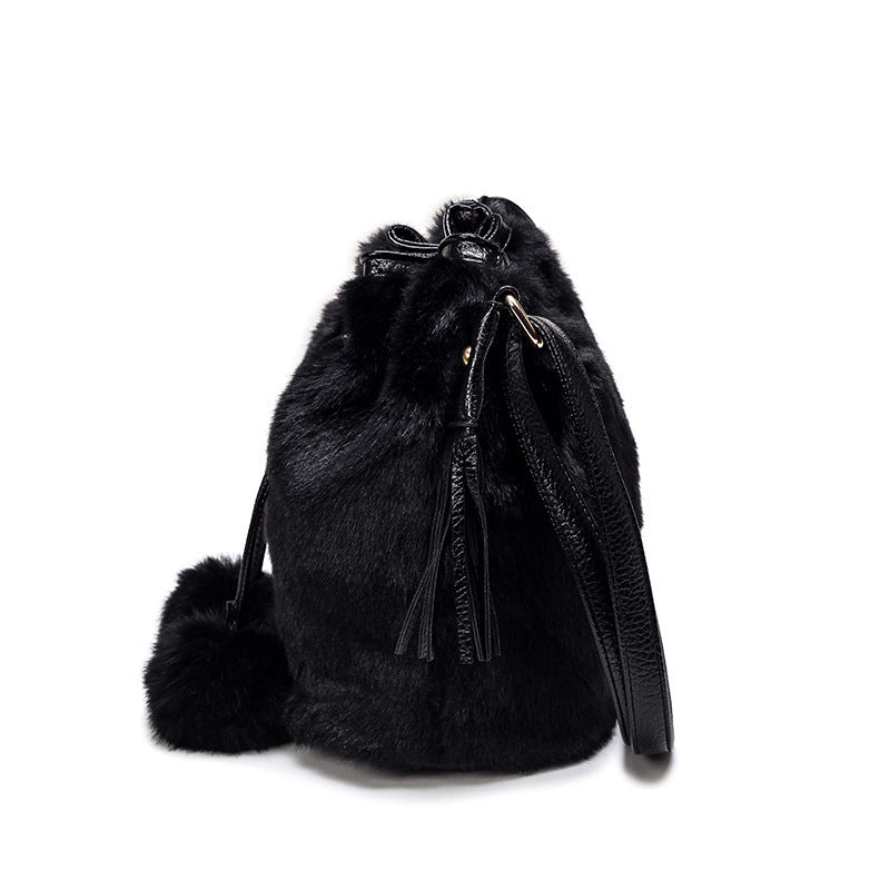 Sac seau à cordon de serrage en peluche léopard vintage mode automne hiver 