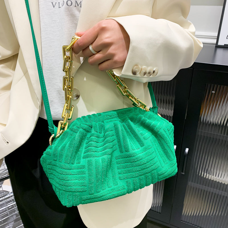 Women Casual Thick Chain Crease Design Solid Color Soft Fabric Crossbody Clutch Bag