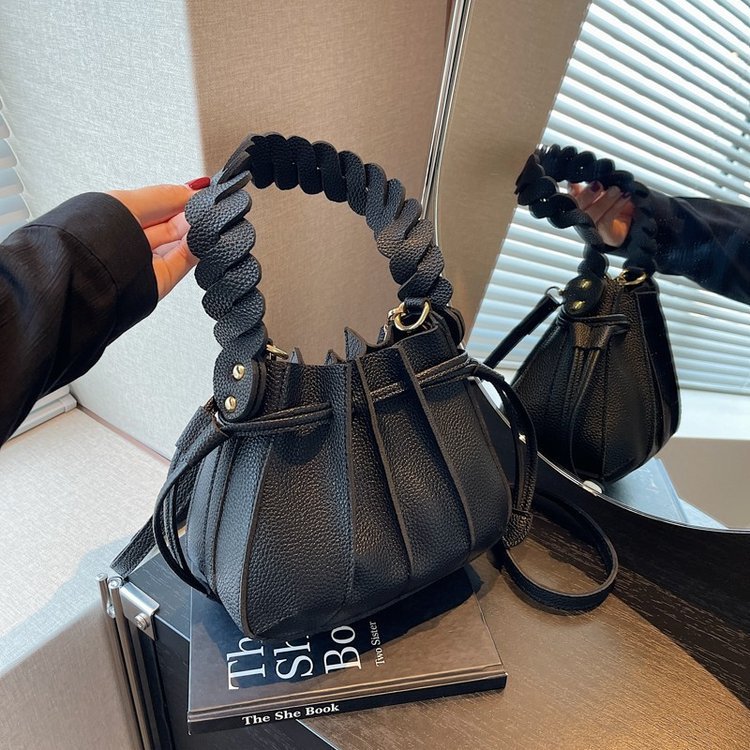 Women Fashionable Simple Solid Color Creased Strap PU Bucket Crossbody Bag