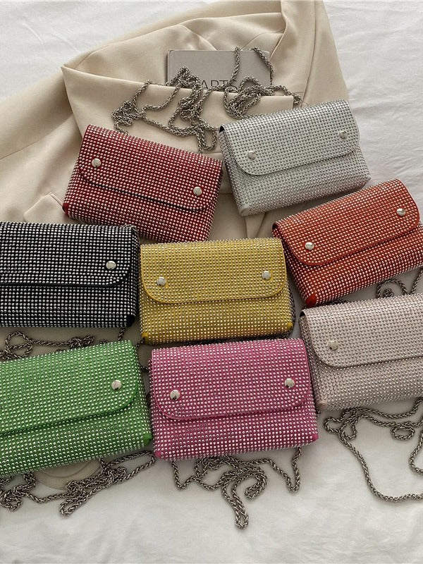 Women Fashion Square Flap Rhinestone Chain Crossbody Bag
