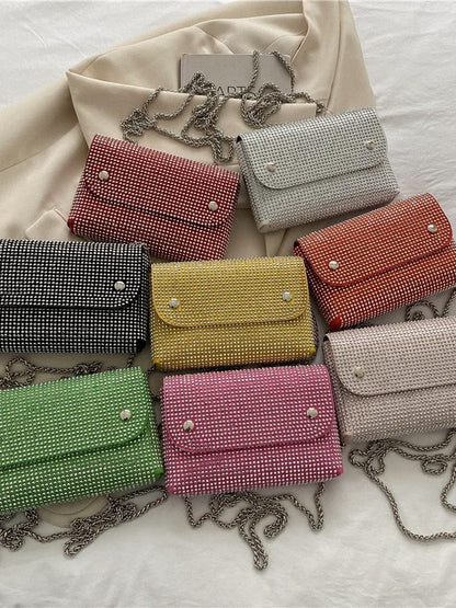 Women Fashion Square Flap Rhinestone Chain Crossbody Bag
