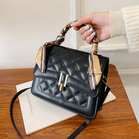 Women Elegant Silk Scarf Decorated Flap Buckle Design Rhombus Stitching Solid Color PU Crossbody Bag