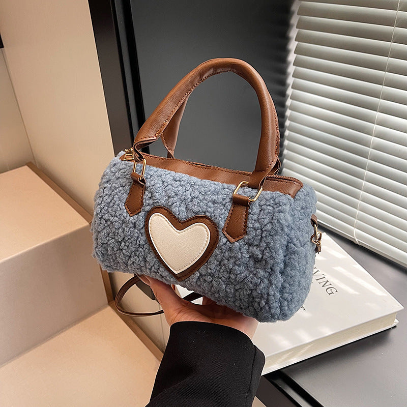 Women Fashion Casual Plush Heart Zipper Handbag