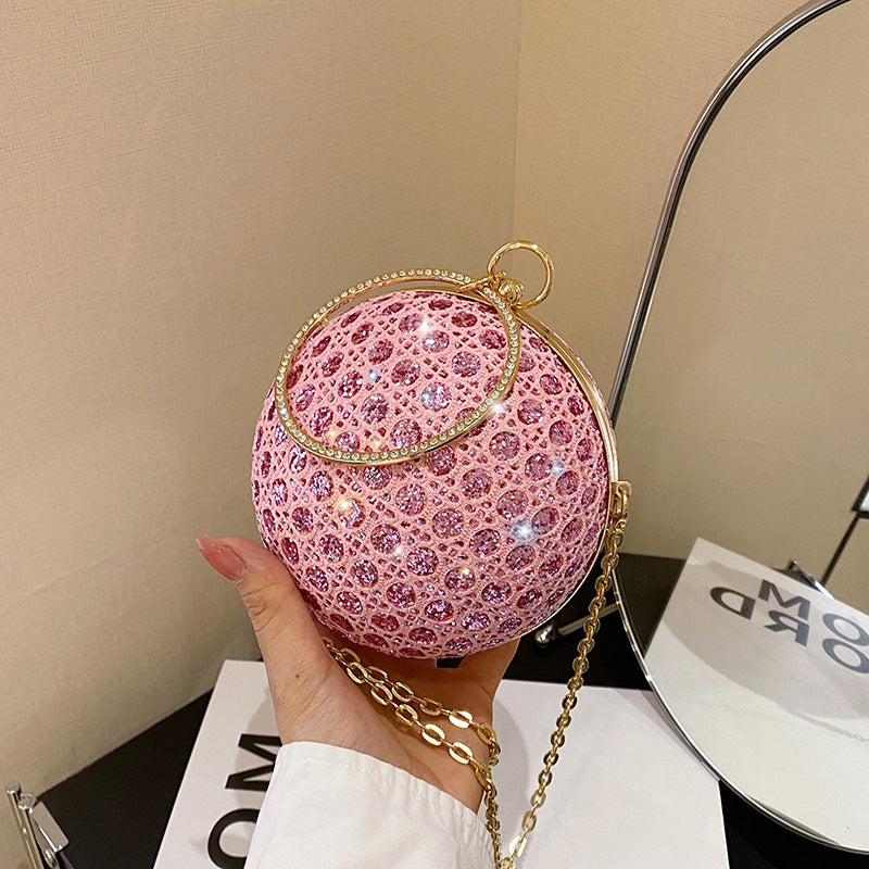 Women Fashion Elegant Round Sequin Hollow Handle Clip Chain Shoulder Evening Mini Bag